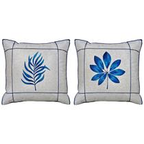 Kit 2 Capas De Almofada Linho Folha Flor Azul Drapeada 45x45