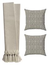 Kit 2 Capas De Almofadas 45x45 Bege Cru + Manta Para Sofá Luxo