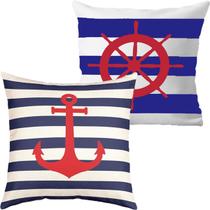 Kit 2 Capas De Almofadas Âncora e Timão Vermelho Marítima