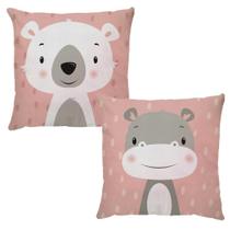 Kit 2 Capas para Almofada 45x45cm Infantil Urso e Hipopótamo Rosa Dud Almofadas Kit 2 Capas para Almofada 45x45cm Infantil Urso e Hipopótamo Rosa Dud Almofadas