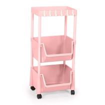 Kit 2 Carrinho Multiuso Prático 3 Prateleiras em Plástico com Rodízio - Rosa
