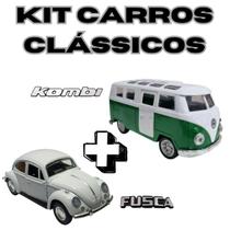 Kit 2 Carrinhos Clássicos Coleção de Ferro Kombi Samba + Fusca Clássico fusquinha Colecionador