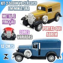 Kit 2 Carros Antigos Sedan V8 Clássico 13cm Metal Fricção Portas Abrem