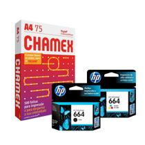 Kit 2 Cartucho HP 664 Preto e Colorido + Resma de Papel Sulfite A4 Chamex Kit 2 Cartucho HP 664 Preto e Colorido + Resma de Papel Sulfite A4 Chamex