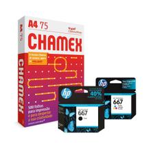 Kit 2 Cartucho HP 667 Preto e Colorido + Resma de Papel Sulfite A4 Chamex Kit 2 Cartucho HP 667 Preto e Colorido + Resma de Papel Sulfite A4 Chamex