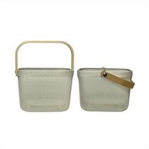 Kit 2 Cesta Multiuso Caixa Organizadora Aramada Utilidades 24,5x24,5x18 Fruteira Branca Alça Madeira