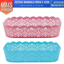 Kit 2 Cesta Organizadora Rattan Mandala Mamãe Bebê M (28x20x6,5) Rosa e Azul