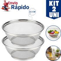 Kit 2 Cestas Inox Escorredor Multiuso 22cm Para Lavar Alimentos Legumes Arroz Frutas Massas Resistente Multiuso