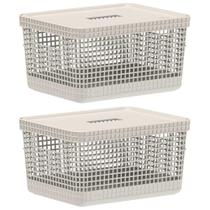 Kit 2 Cesto 8L Organizador Multiuso OU Grid Bege com Tampa Kit 2 Cesto 8L Organizador Multiuso OU Grid Bege com Tampa