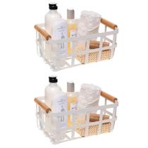 Kit 2 Cesto De Metal Alca De Bambu Multiuso Branco