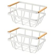 Kit 2 Cesto De Metal Com Alca De Bambu 29X20X15Cm Branco