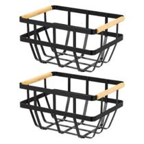 Kit 2 Cesto De Metal Com Alca De Bambu 29X20X15Cm Preto Kit 2 Cesto De Metal Com Alca De Bambu 29X20X15Cm Preto