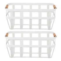 Kit 2 Cesto De Metal Com Alca De Bambu 33X17X15Cm Branco