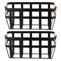 Kit 2 Cesto De Metal Com Alca De Bambu 33X17X15Cm Preto