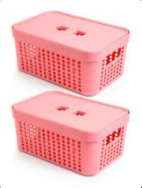 Kit 2 Cesto Organizador 2L Tampa Empilhável Caixa Multiuso - Rosa