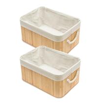 Kit 2 Cesto Organizador em Bambu Natural Tecido Linho e Corda 24x14x12cm Retangular Organização Casa