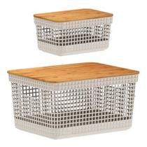 Kit 2 Cesto Organizador Grid C Tampa De Bambu 2,5 E 8 Litros
