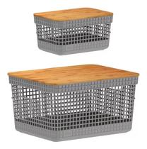 Kit 2 Cesto Organizador Grid C Tampa De Bambu 2,5 E 8 Litros Kit 2 Cesto Organizador Grid C Tampa De Bambu 2,5 E 8 Litros