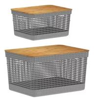 Kit 2 Cesto Organizador Grid C Tampa De Bambu 8l E 20 Litros Kit 2 Cesto Organizador Grid C Tampa De Bambu 8l E 20 Litros