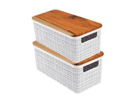 Kit 2 Cesto Organizador Juta de Plástico Resistente Com Tampa de Madeira Capacidade 1,5 Litros Branco