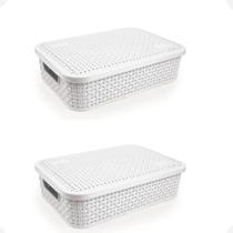 Kit 2 Cesto Rattan Baixo Com Tampa Médio 4,5 Litros Branco