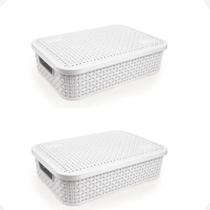 Kit 2 Cesto Rattan Baixo Com Tampa Médio 4,5 Litros Branco