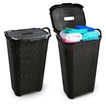 Kit 2 Cesto Roupas Tampa Rattan Preto Organizador 50 Litros Grande Roupeiro Telado Basculado