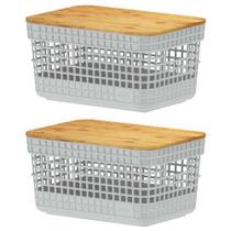 Kit 2 Cestos 2,5L Organizador OU Branco com Tampa de Bambu Kit 2 Cestos 2,5L Organizador OU Branco com Tampa de Bambu