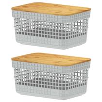 Kit 2 Cestos 2,5L Organizador Ou Branco Com Tampa De Bambu Kit 2 Cestos 2,5L Organizador Ou Branco Com Tampa De Bambu