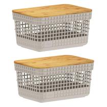 Kit 2 Cestos 2,5L Organizador Ou Grid Com Tampa De Bambu