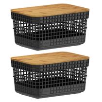 Kit 2 Cestos 2,5L Organizador Ou Preto Com Tampa De Bambu Kit 2 Cestos 2,5L Organizador Ou Preto Com Tampa De Bambu