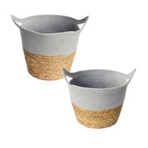 Kit 2 Cestos De Fibra Natural Algodão Tamanhos Cinza E Palha