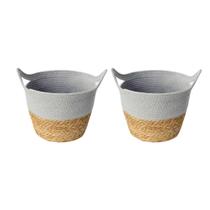 Kit 2 Cestos De Fibra Natural E Algodao C/alca 28x22cm Cinza