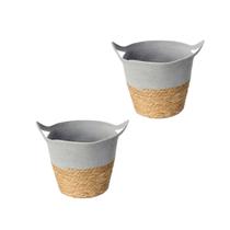 Kit 2 Cestos De Fibra Natural E Algodao C/alca 33x28cm Cinza