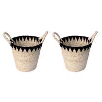 Kit 2 Cestos De Fibra Natural E Algodão Com Alça 26X25Cm Palha E Preto Kit 2 Cestos De Fibra Natural E Algodão Com Alça 26X25Cm Palha E Preto