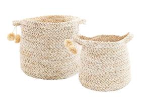 Kit 2 Cestos Decorativos Multiuso Redondo Em Fibra Natural Com Alça e Detalhe Pompom Organizador Sala Quarto Escritório Quarto Almofada Manta Objetos