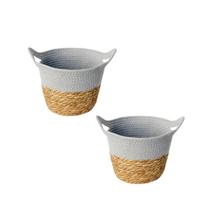 Kit 2 Cestos Fibra Natural E Algodao C/ Alca 24x18cm Cinza Kit 2 Cestos Fibra Natural E Algodao C/ Alca 24x18cm Cinza