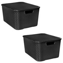 Kit 2 Cestos Multiuso 7 L C/ Tampa Organizador Empilhável Decorativo P/ Ambientes Lavanderia Cozinha Quarto Banheiro Caixa