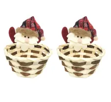 Kit 2 Cestos Natalino Palha Decorado Papai Noel Pelúcia 15cm - Master Christmas
