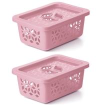 Kit 2 Cestos Organizadores Com Tampa Rosa 21x15x9Cm