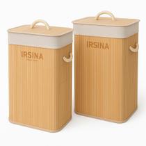 Kit 2 Cestos Organizadores para Roupa Suja Bambu com Tampa e Forro Bege Natural Irsina