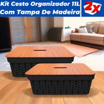 Kit 2 Cestos Organizadores Rattan 11L C/ Tampa de Madeira