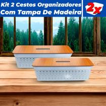 Kit 2 Cestos Organizadores Rattan 3,6L C/ Tampa De Madeira - Ef Home
