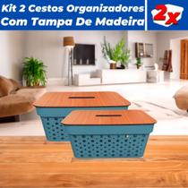 KIt 2 Cestos Organizadores Rattan 4,5L Com Tampa De Madeira - Ef Home