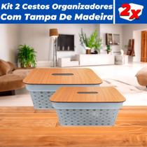 KIt 2 Cestos Organizadores Rattan 4,5L Com Tampa De Madeira