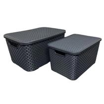 Kit 2 Cestos Organizadores Rattan com Tampa de 7 e 15 Litros Preto