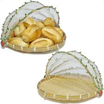 Kit 2 Cestos Porta Pães/Bolos Cobertura Retráti 40cm Grande C/Folhagem Rústico