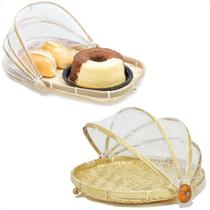 Kit 2 cestos porta paes bolos redondo retangular bambu retratil