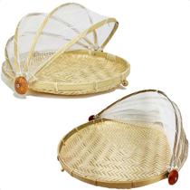 Kit 2 Cestos Porta Pão Bolo Bambu Cobertura Retrátil 40/30cm