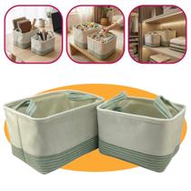 Kit 2 Cestos Veludo Bege e Verde Retangular Multiuso 30x20x20cm e 35x25x22cm Mundiart Premium